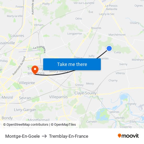 Montge-En-Goele to Tremblay-En-France map
