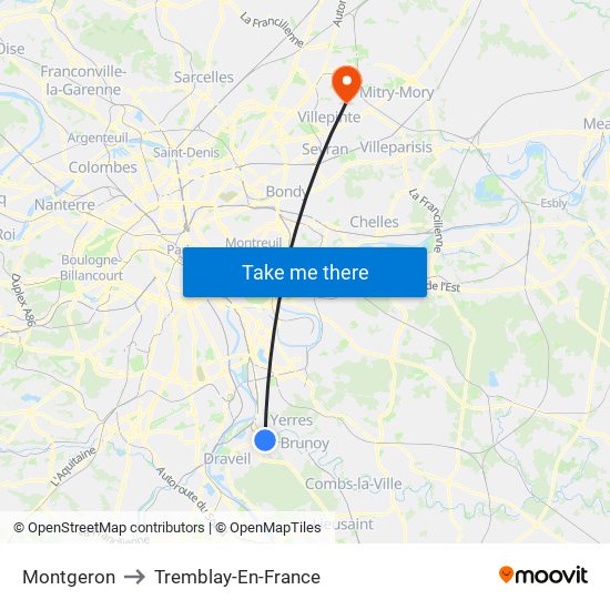 Montgeron to Tremblay-En-France map
