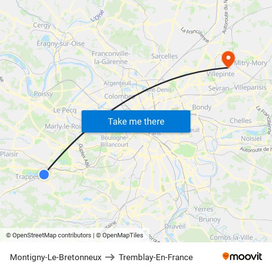 Montigny-Le-Bretonneux to Tremblay-En-France map