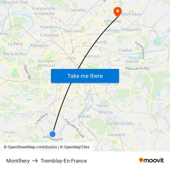 Montlhery to Tremblay-En-France map