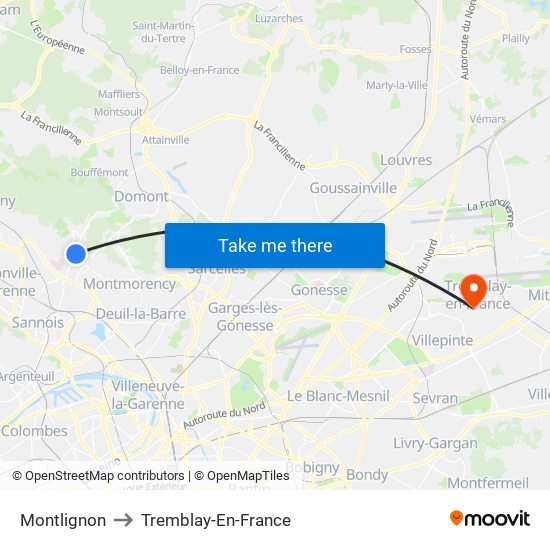 Montlignon to Tremblay-En-France map