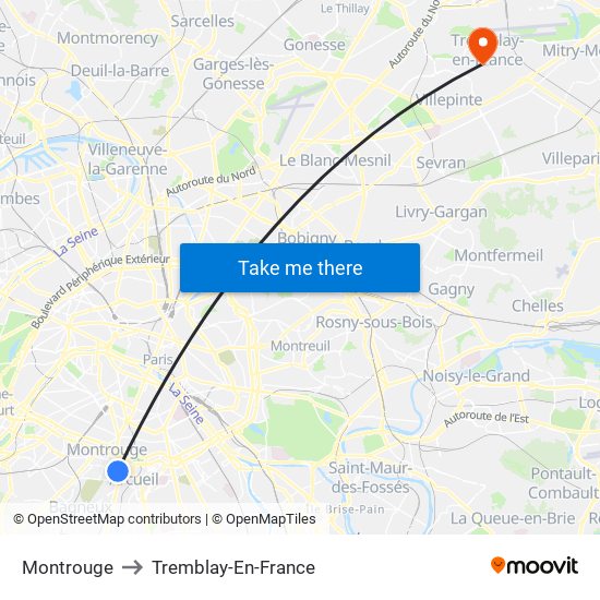 Montrouge to Tremblay-En-France map