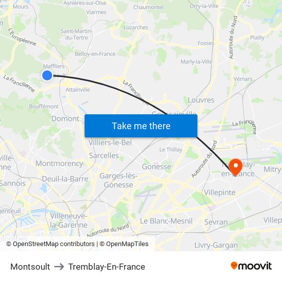 Montsoult to Tremblay-En-France map