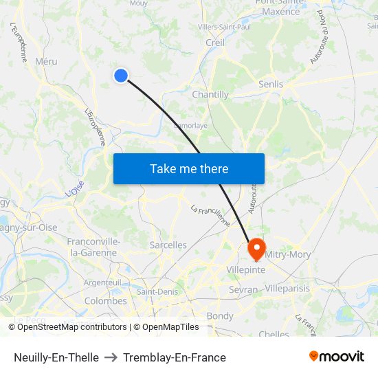 Neuilly-En-Thelle to Tremblay-En-France map