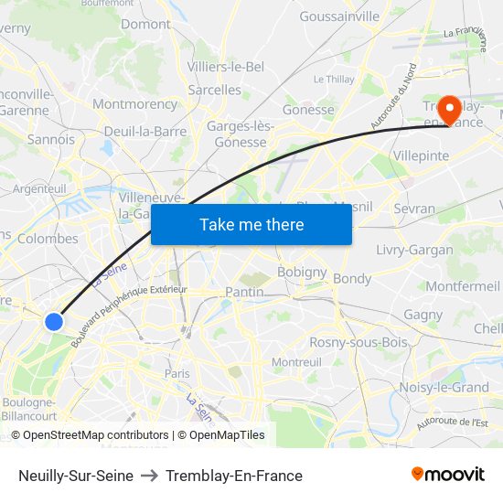 Neuilly-Sur-Seine to Tremblay-En-France map