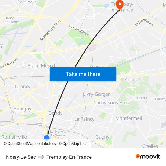 Noisy-Le-Sec to Tremblay-En-France map