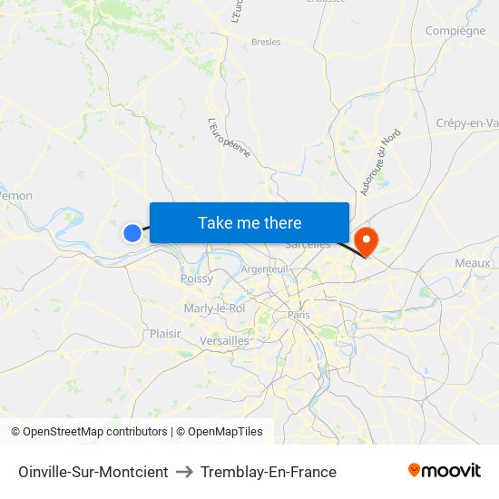 Oinville-Sur-Montcient to Tremblay-En-France map