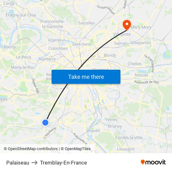 Palaiseau to Tremblay-En-France map