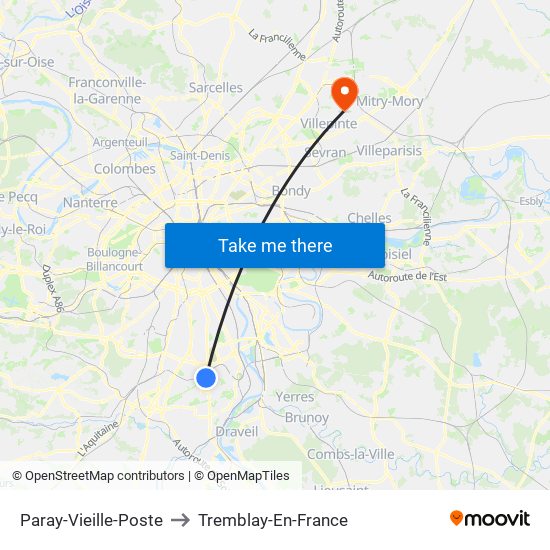 Paray-Vieille-Poste to Tremblay-En-France map