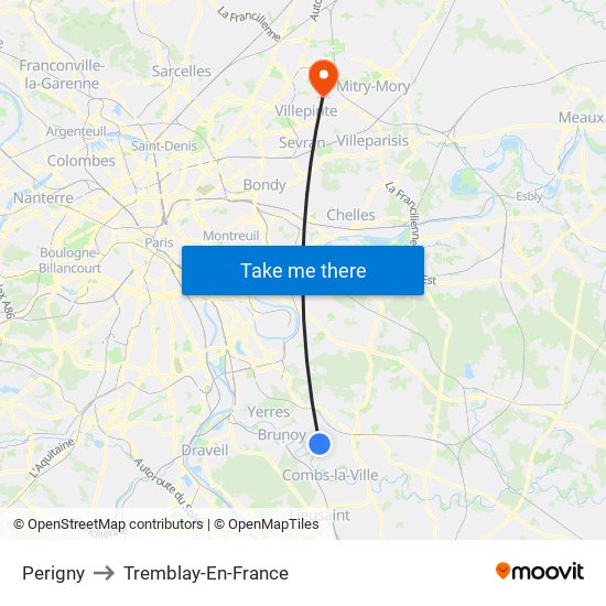 Perigny to Tremblay-En-France map