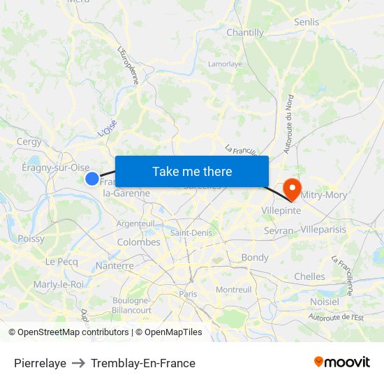 Pierrelaye to Tremblay-En-France map