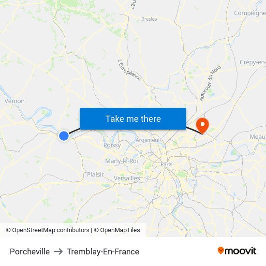 Porcheville to Tremblay-En-France map