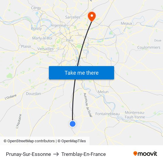 Prunay-Sur-Essonne to Tremblay-En-France map