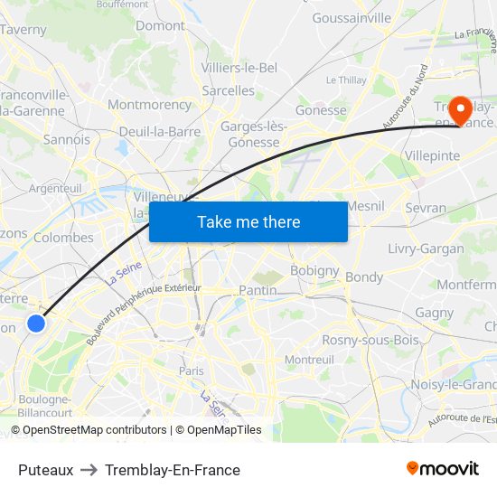 Puteaux to Tremblay-En-France map