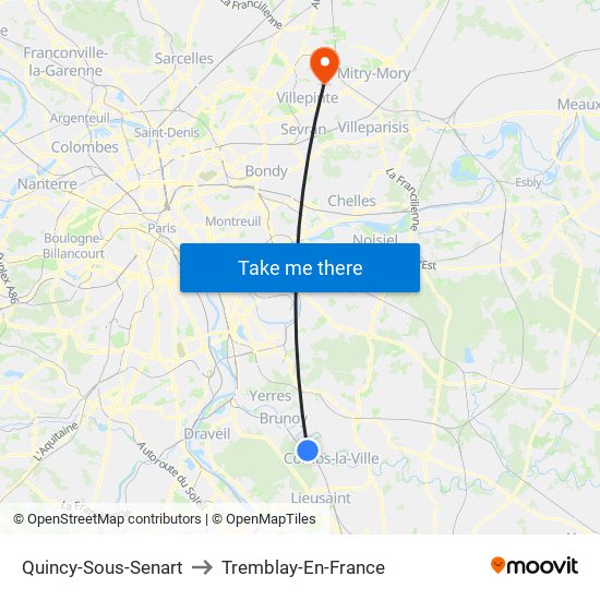 Quincy-Sous-Senart to Tremblay-En-France map