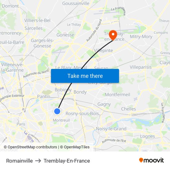 Romainville to Tremblay-En-France map