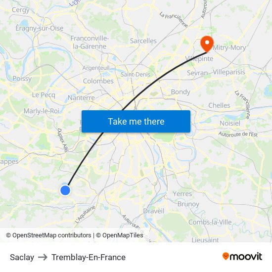 Saclay to Tremblay-En-France map