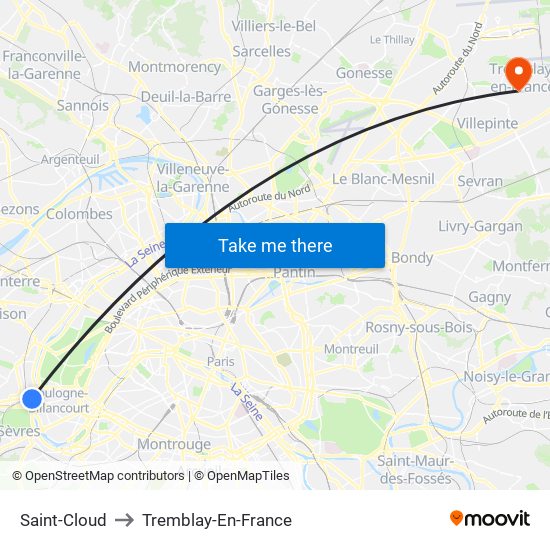 Saint-Cloud to Tremblay-En-France map
