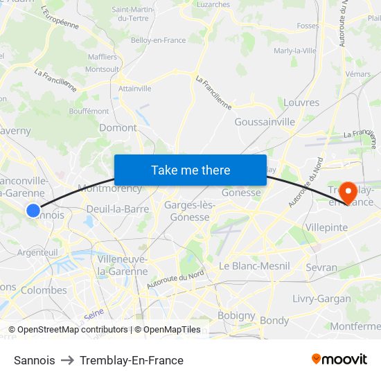 Sannois to Tremblay-En-France map