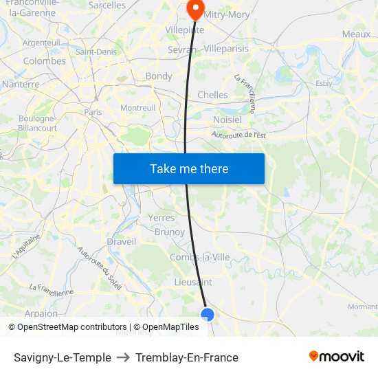 Savigny-Le-Temple to Tremblay-En-France map