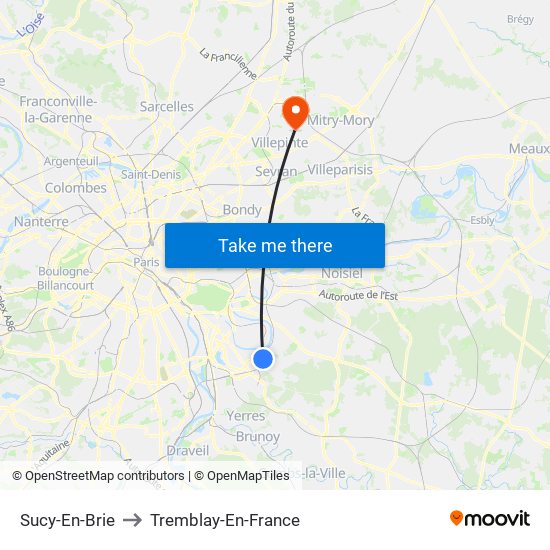 Sucy-En-Brie to Tremblay-En-France map