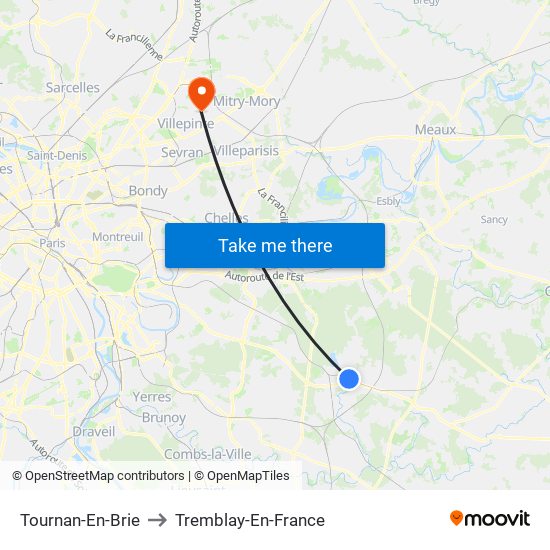 Tournan-En-Brie to Tremblay-En-France map