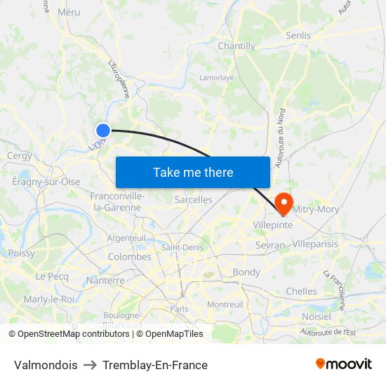Valmondois to Tremblay-En-France map