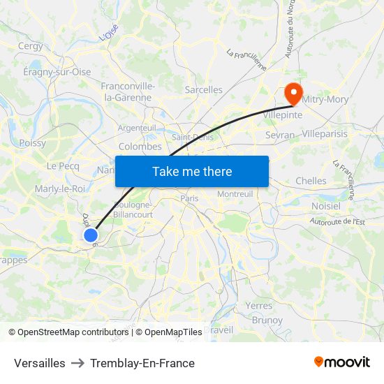 Versailles to Tremblay-En-France map