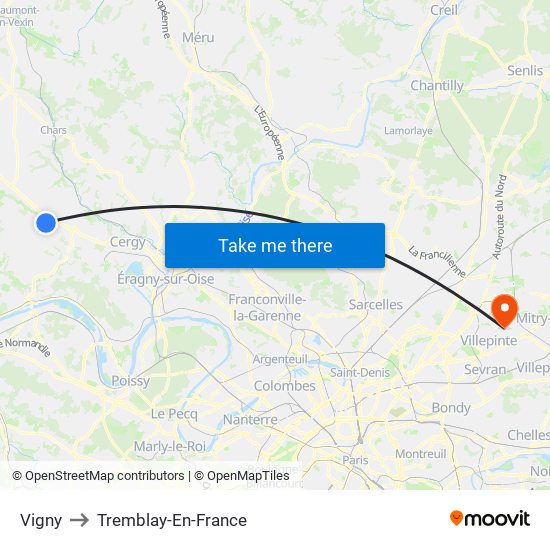 Vigny to Tremblay-En-France map
