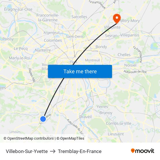 Villebon-Sur-Yvette to Tremblay-En-France map