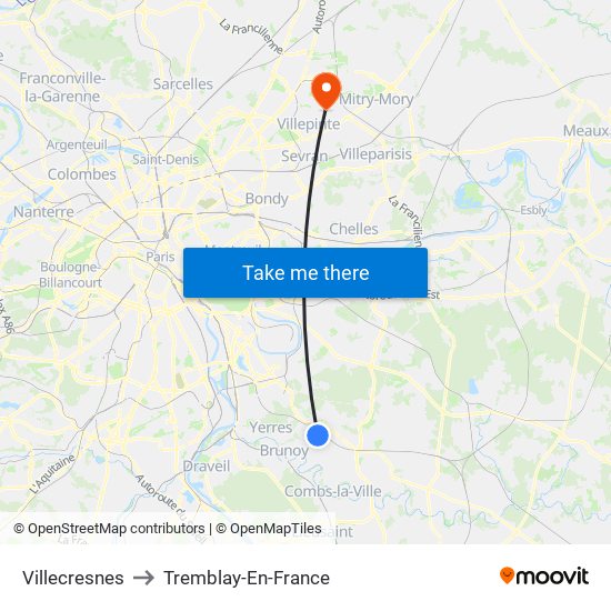 Villecresnes to Tremblay-En-France map