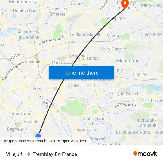 Villejuif to Tremblay-En-France map