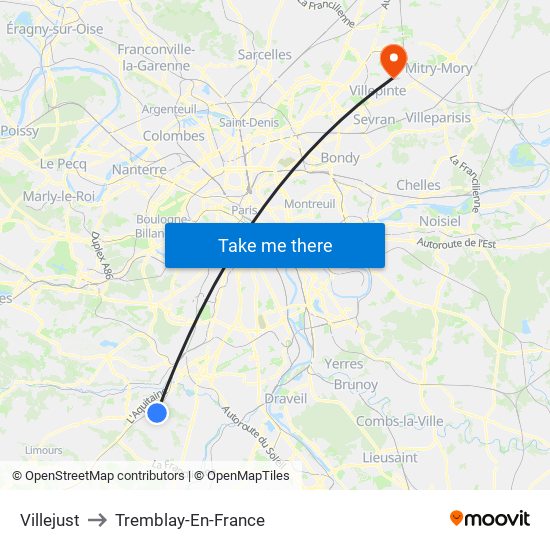 Villejust to Tremblay-En-France map