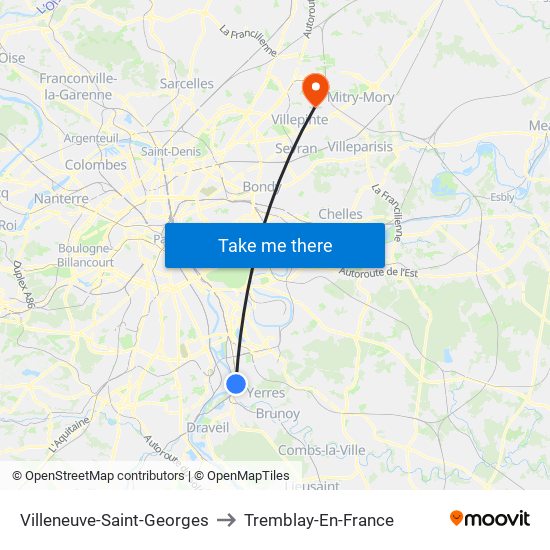 Villeneuve-Saint-Georges to Tremblay-En-France map