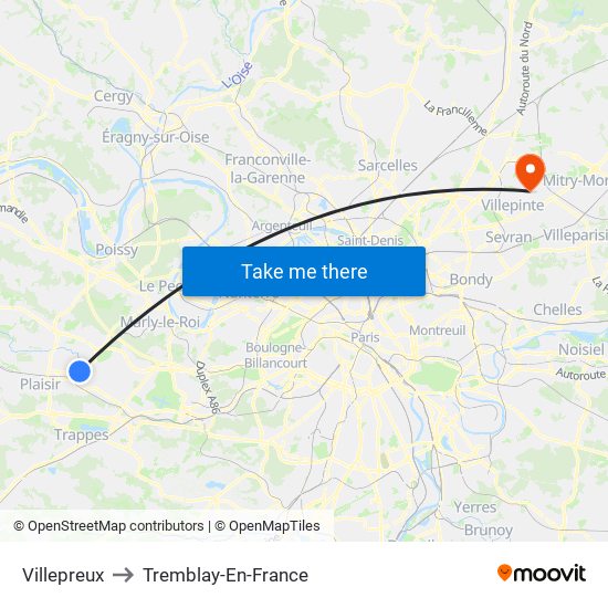 Villepreux to Tremblay-En-France map
