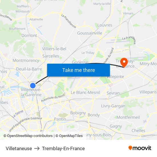 Villetaneuse to Tremblay-En-France map