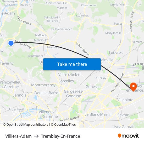Villiers-Adam to Tremblay-En-France map