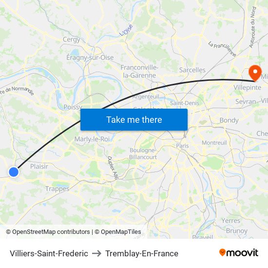 Villiers-Saint-Frederic to Tremblay-En-France map