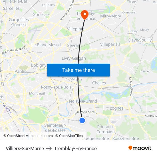 Villiers-Sur-Marne to Tremblay-En-France map