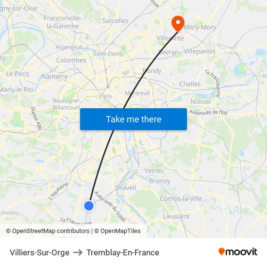 Villiers-Sur-Orge to Tremblay-En-France map