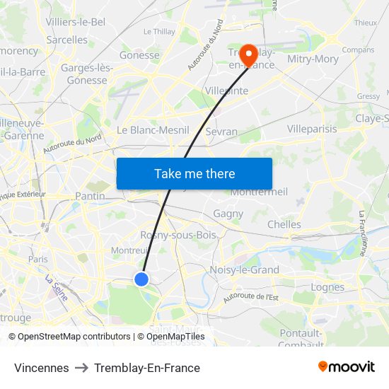 Vincennes to Tremblay-En-France map