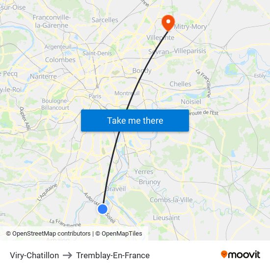 Viry-Chatillon to Tremblay-En-France map