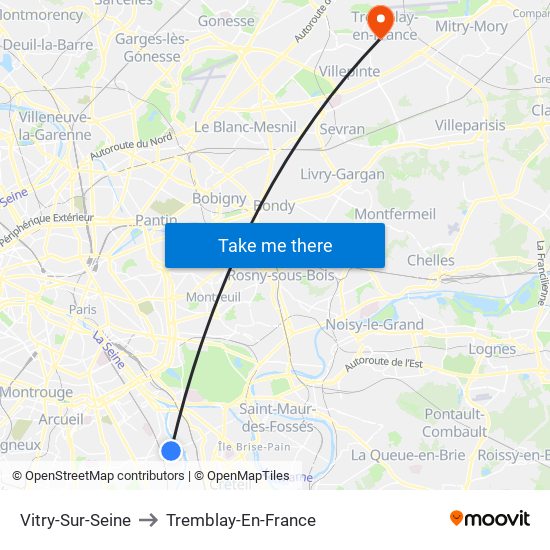 Vitry-Sur-Seine to Tremblay-En-France map