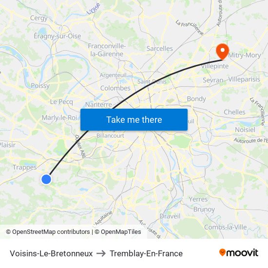 Voisins-Le-Bretonneux to Tremblay-En-France map