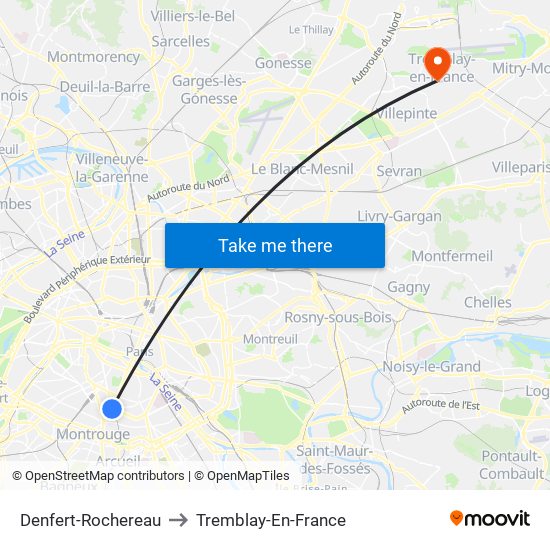 Denfert-Rochereau to Tremblay-En-France map