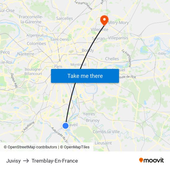 Juvisy to Tremblay-En-France map