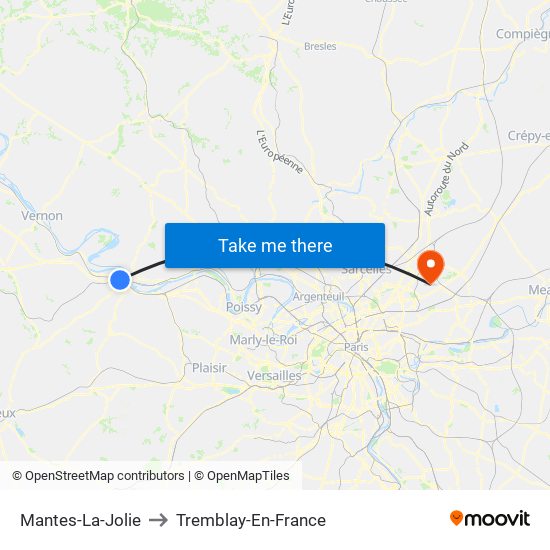 Mantes-La-Jolie to Tremblay-En-France map