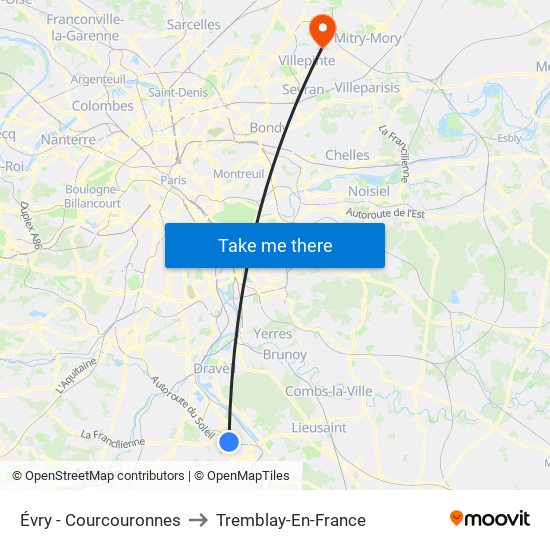 Évry - Courcouronnes to Tremblay-En-France map