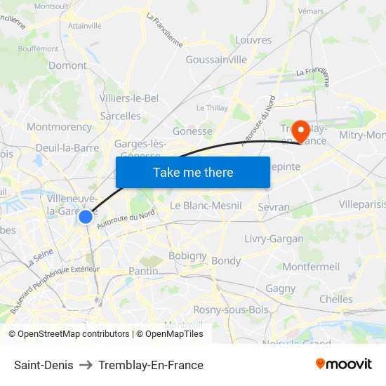Saint-Denis to Tremblay-En-France map