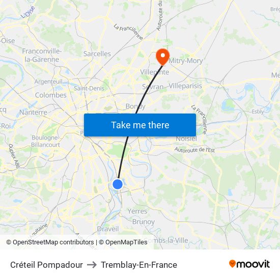 Créteil Pompadour to Tremblay-En-France map